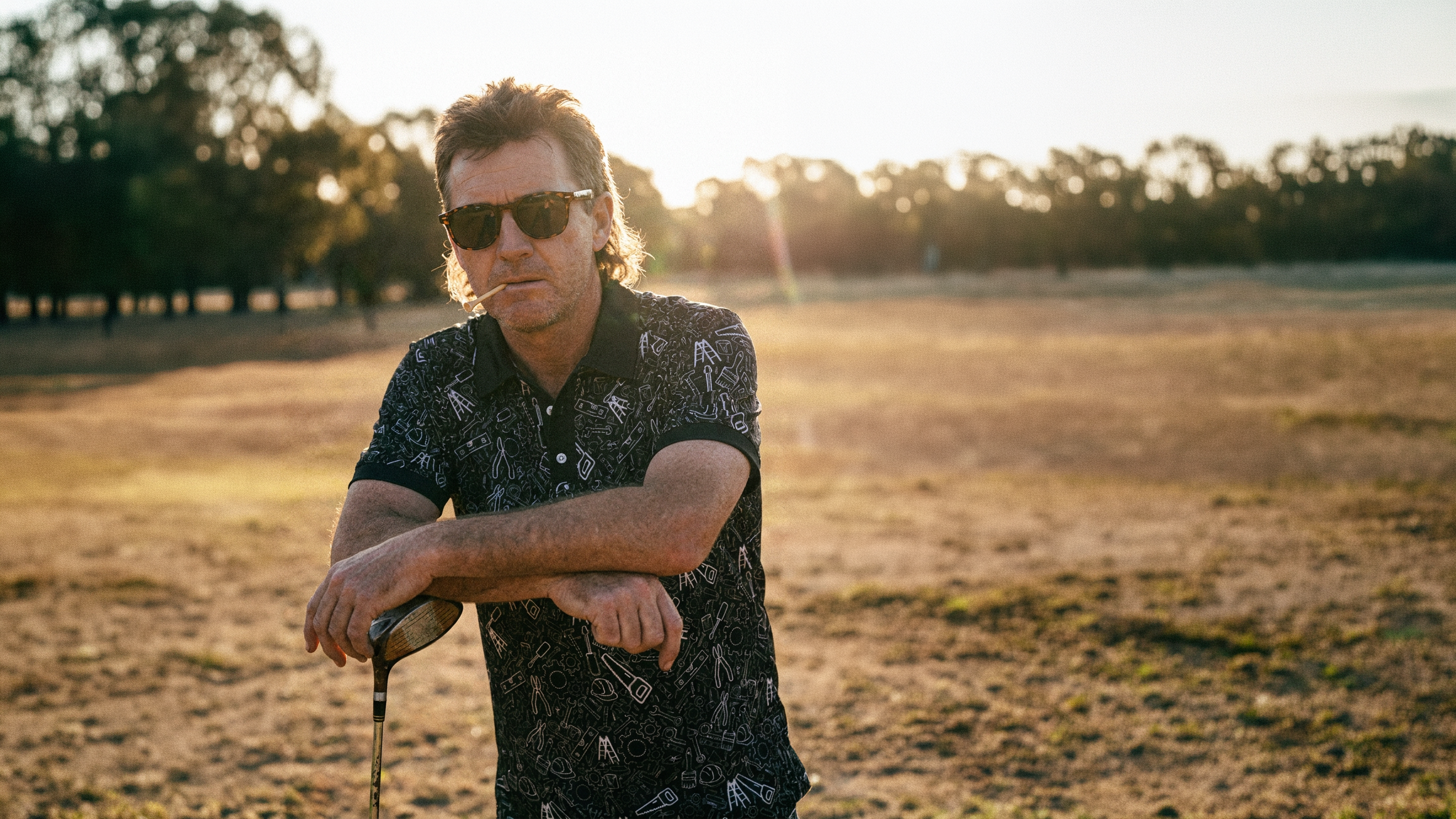 Man with sunglasses holding a golf club in a field at sunset