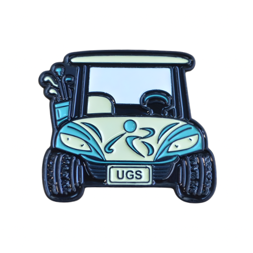 Golf cart-shaped enamel pin with 'UGS' on a white background