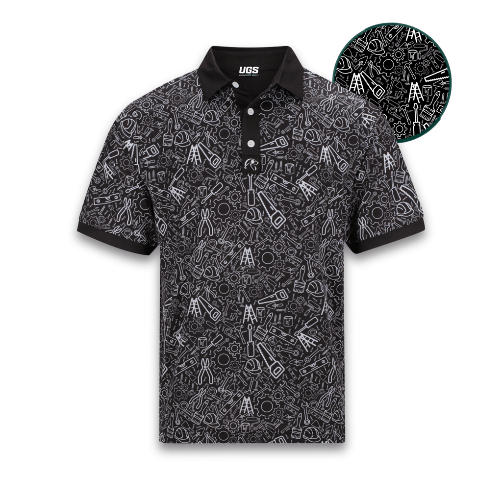 Black and white patterned polo shirt on a white background