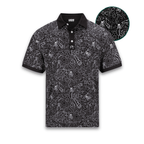 Black and white patterned polo shirt on a white background