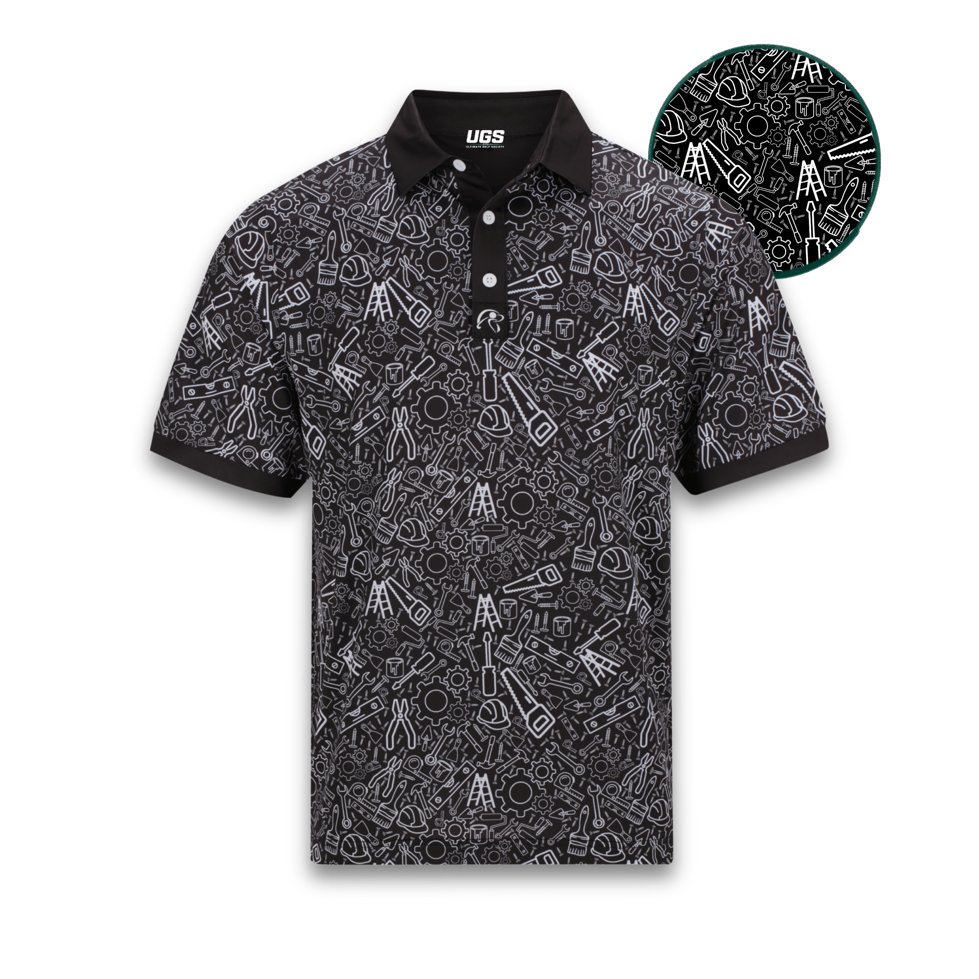 Black and white patterned polo shirt on a white background