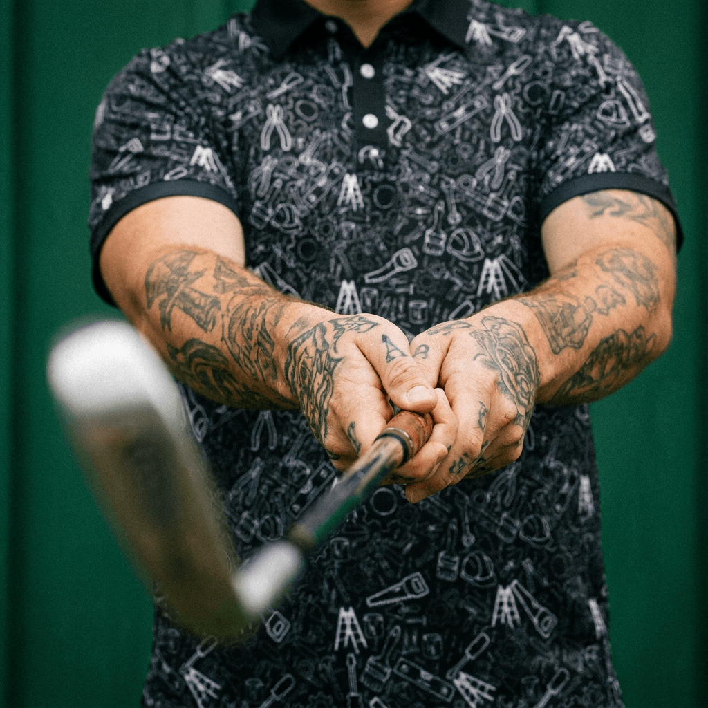 Person with tattooed arms holding a golf club against a green background