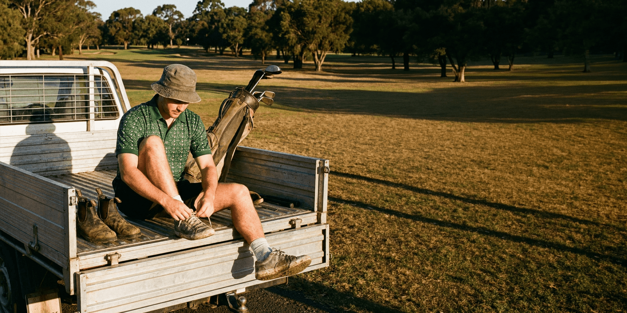 Man sitting in the back of a pickup truck in a rural setting