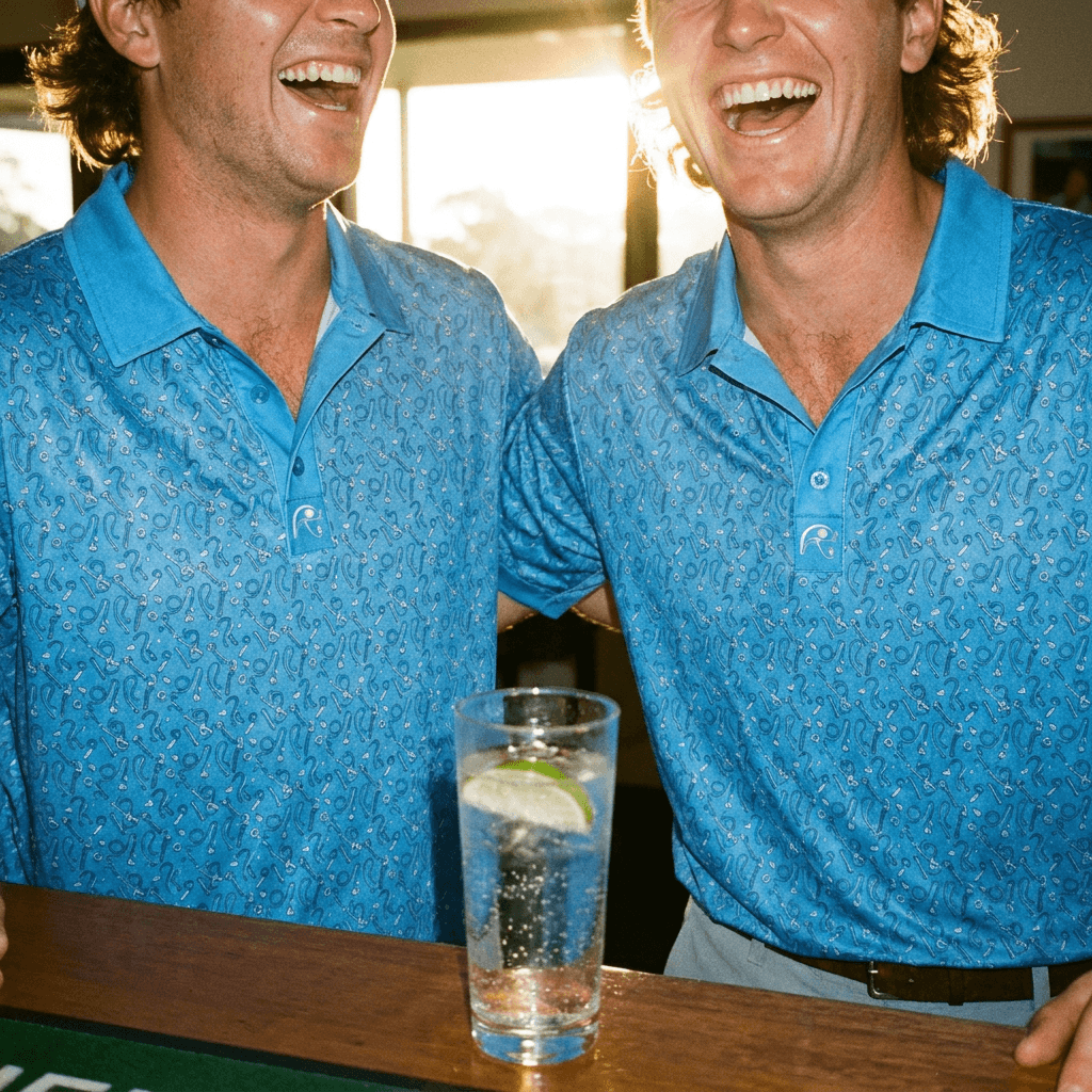 Two men in blue patterned polo shirts laughing with a glass of water and lime on a table.