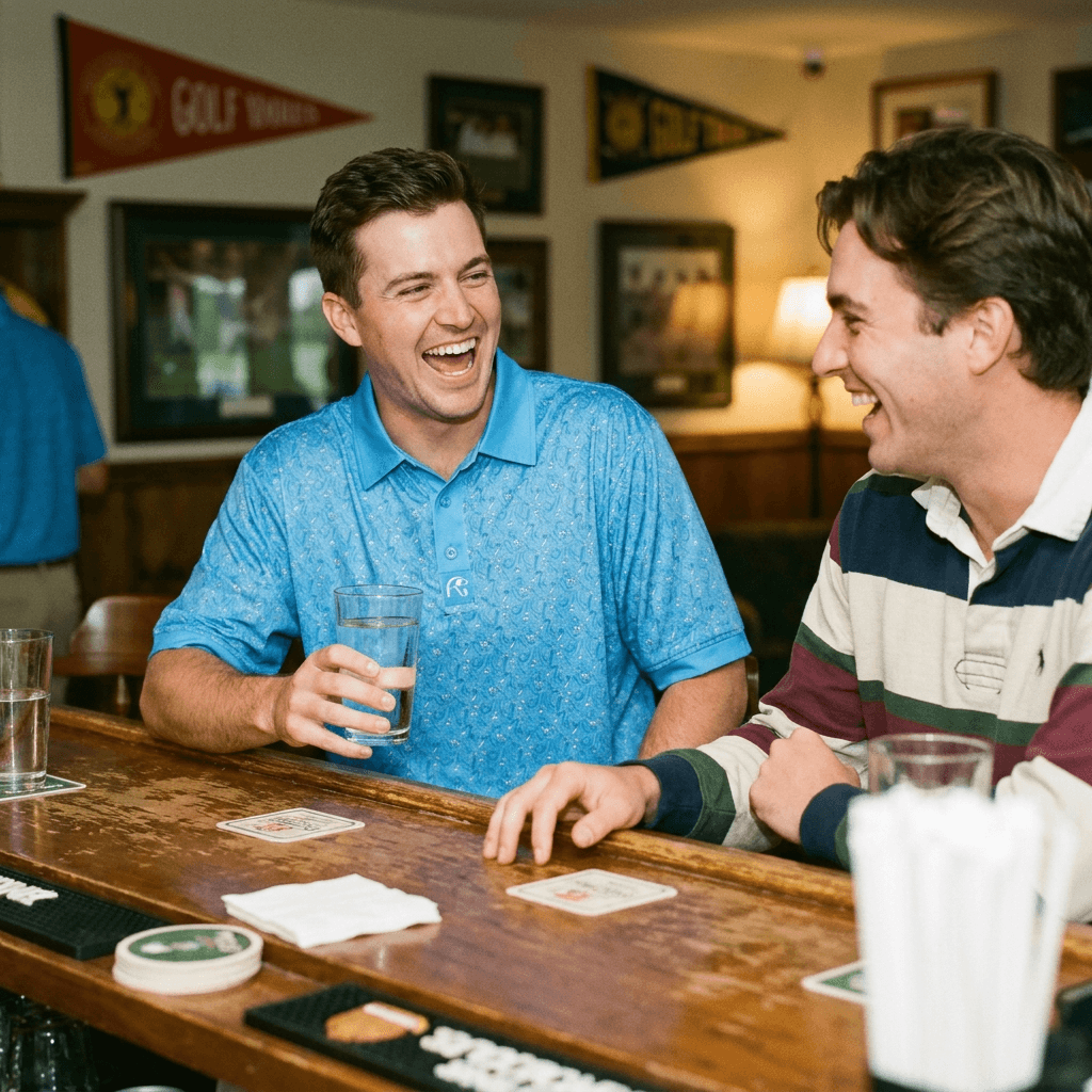 Two men sitting at a bar, laughing and playing cards.