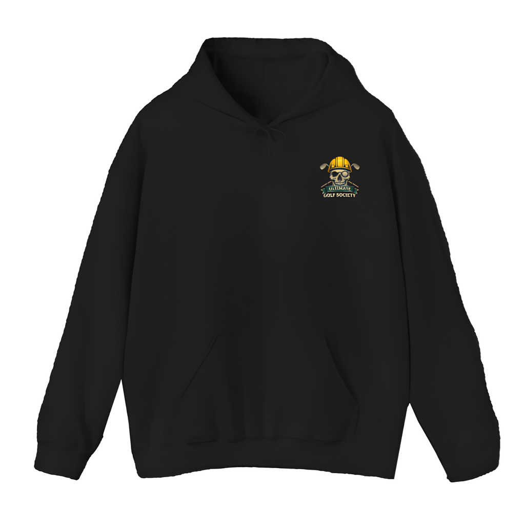 Black hoodie with a small logo on the chest against a white background